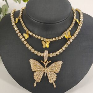 Charming Sparkling Women Butterfly Double Chain Diamante Pendant Necklace Party Jewelry