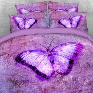 Purple Butterfly 4 Piece Duvet Cover Set 3D Bedding Ultra Soft Comforter Cover with Zipper Closure and Corner Ties 2 Pillowcases 1 Flat Sheet 1 Duvet Cover High-Quality Microfiber
