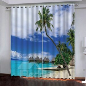 Blue Sky White Cloud Seaside Beach 3D Printed Polyester Blackout Custom Scenery Curtains