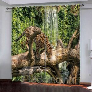 Modern Blackout Custom Living Room 3D Animal Print Curtains Thick Polyester to Provide Privacy with A Leopard on the Branch Waterfall Design to Provide Decorative Appeal
