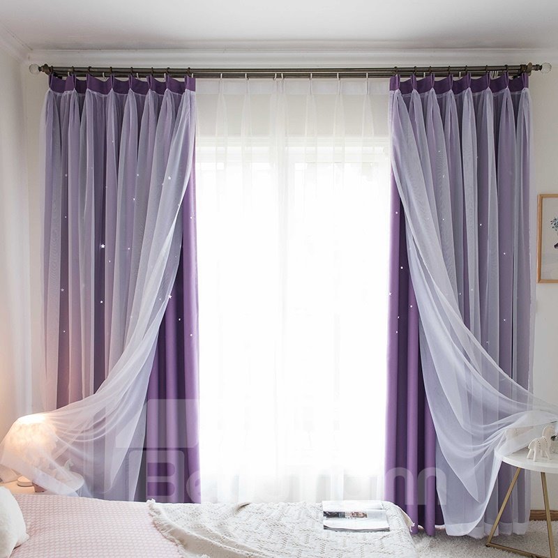 Romantic Purple Hollowed-out Star and White Sheer Sewing Together Blackout Curtains - Image 9