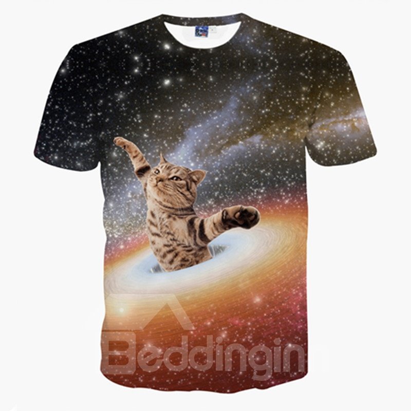 Cat and Universe Short Sleeve Crewneck Unisex 3D Pattern T-Shirt - Image 2