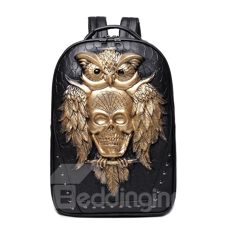 3D Owl and Skull Studded College Backpack PU Leather Shoulder Bag - Image 3