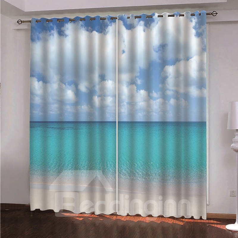 3D Ocean Blue Sky White Cloud Printed 2 Panels Custom Curtains - Image 6