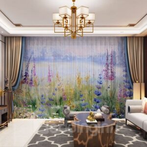 3D Nordic Style Lavender Printed Decorative 2 Panels Custom Sheer