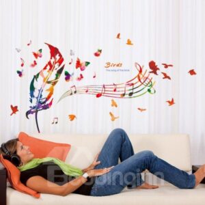 Colorful Feathers And Staff Easy To Tear And Stick DIY Wall Sticker