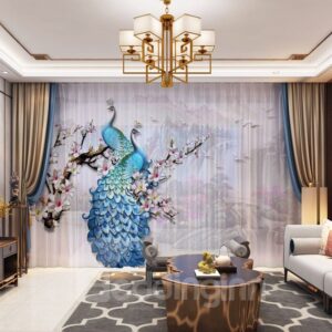 3D Rural Style Peacock and Wintersweet Printed Decorative 2 Panels Custom Sheer