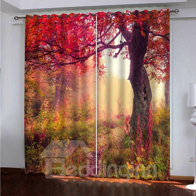 2 Panels Blackout Room Darkening Curtains Curtains 3D Scenery Autumn Season Red Maple Leaves Print 200g ©O Medium Polyester Good Shading Effect and Anti-ultraviolet Radiation - Image 7