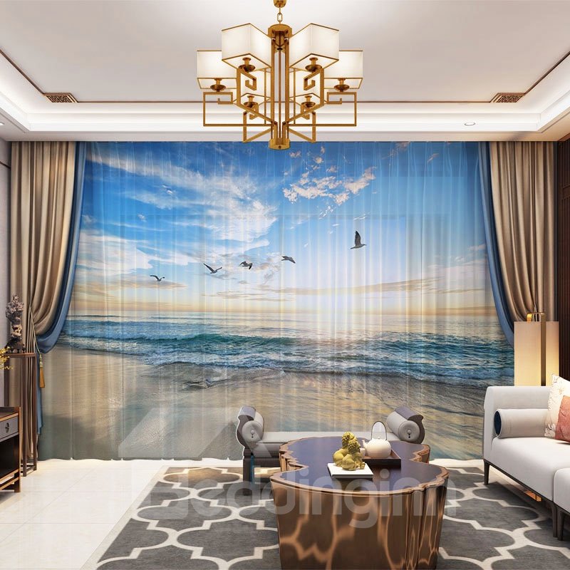 3D Sea and Seagull Printed Decorative 2 Panels Custom Sheer - Image 6