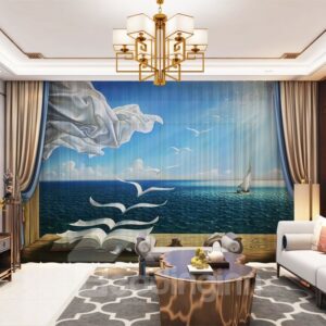 3D Sailboat and Sea Printed 2 Panels Custom Sheer