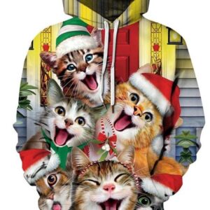 Christmas Happy Cats Pattern 3D Painted Long Sleeve Hoodie