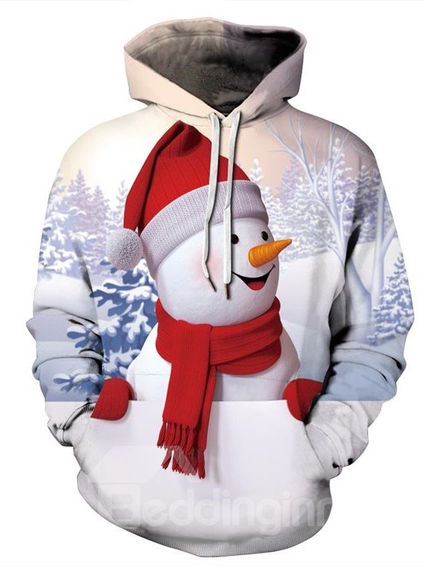 Christmas Snowman with red Scarf Pattern 3D Painted Long Sleeve Hoodie - Image 2