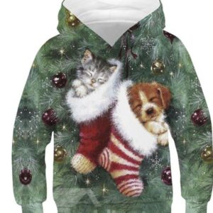 3D Christmas Stocking Sleeping Dog and Cat Printed Long Sleeve Kid's Hoodies Sweatshirts