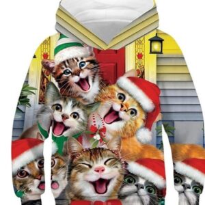 Christmas Happy Cats Pattern 3D Painted Long Sleeve Kid's Hoodie