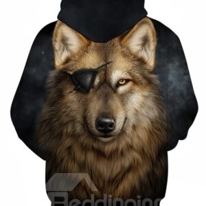 Long Sleeve Wolf with One Eye Pattern 3D Painted Hoodie