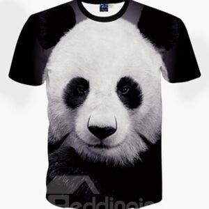Cute Round Neck Panda Pattern Black 3D Painted T-Shirt