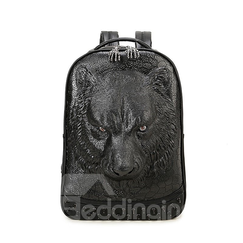 Tiger Head 3D PU Leather Casual Laptop Backpack School Bag - Image 2