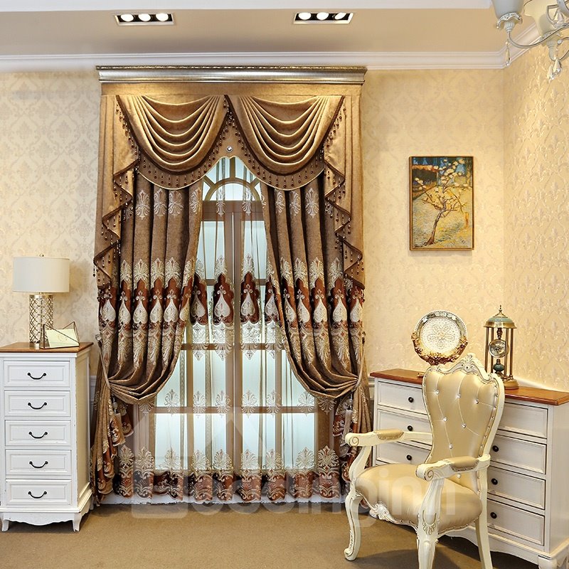 Luxury Brown Color with Embroidered Flowers 2 Pieces Living Room and Bedroom Custom Sheer Curtain - Image 6