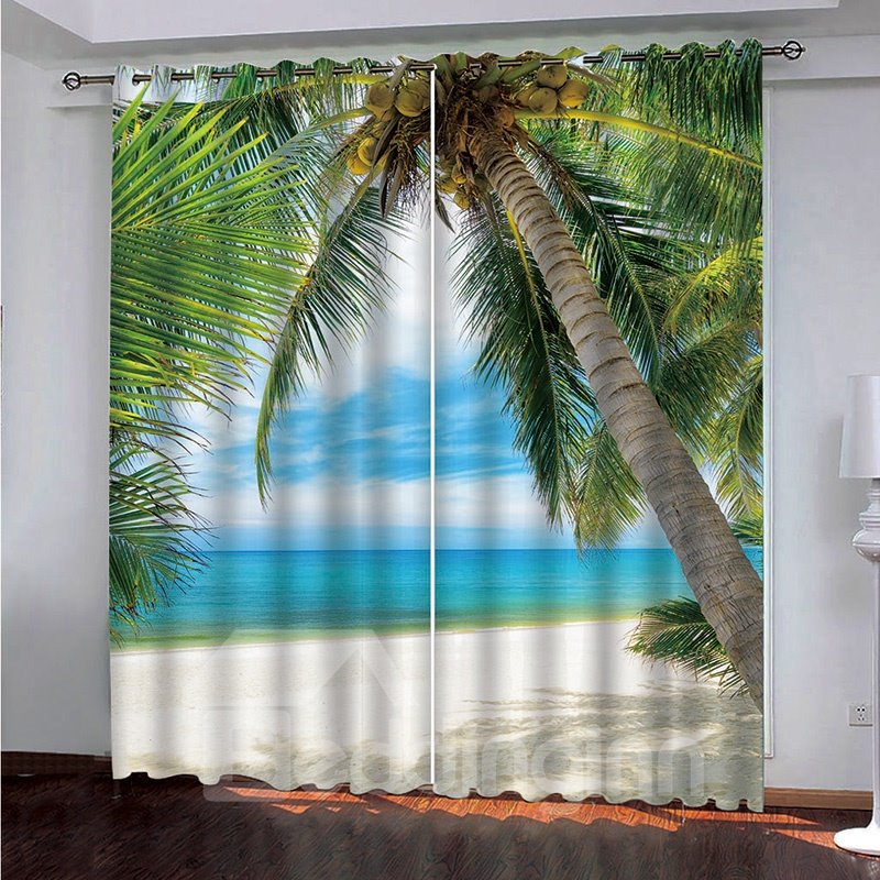 3D Romantic Holiday Scenery Blackout Curtain with White Beach and Green Coconut Tree - Image 7