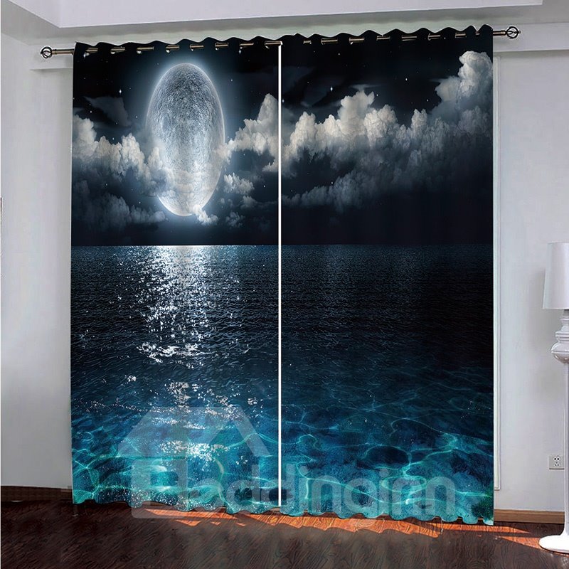 3D Printed Night Sky Window Curtains Modern Polyester Decoration Blackout Full Moon and Foggy Clouds with Turquoise Glass Like Sea Ocean Print - Image 4