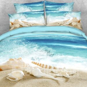 Shells on The Beach 3D 4-Piece Scenery Bedding Set/Duvet Cover Set Endurable Skin-friendly Ultra-soft Microfiber Blue