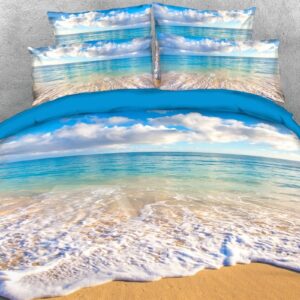 3D Calm Beach Under The White Clouds 4-Piece Sea Scenery Duvet Cover Set/Bedding Set Colorfast Wear-resistant Endurable Skin-friendly All-Season