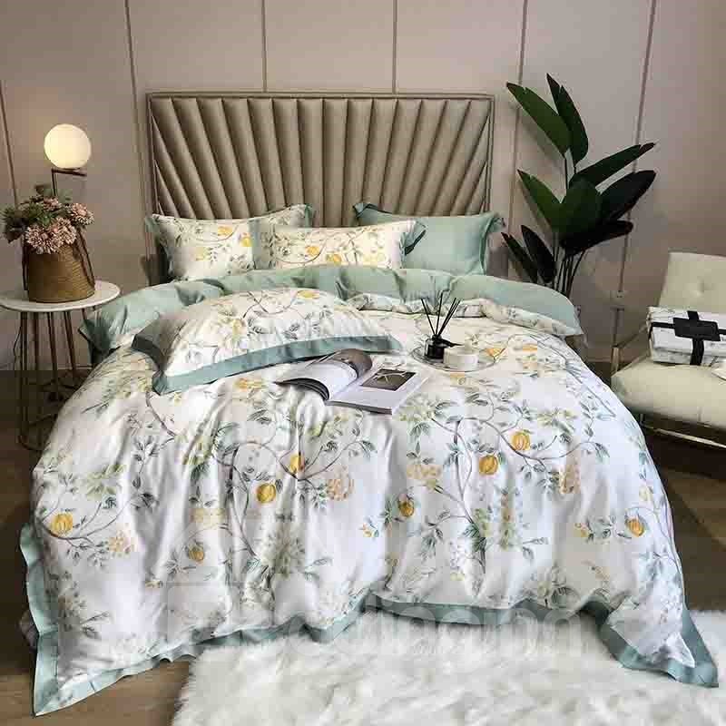 60s High Quality Green Floral Luxury And Healthy 4-Piece Tencel Bedding Sets/Duvet Cover - Image 2