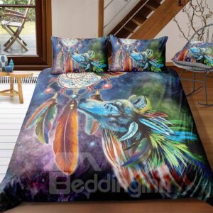 Indian Wolf With Feathers And Dream Catcher Digital Printing Polyester 3D 3-Piece Bedding Sets/Duvet Covers