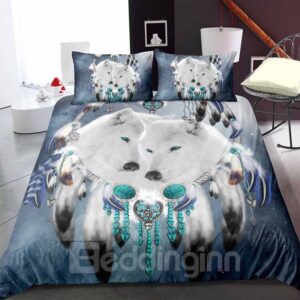 Indian White Wolf And Dream Catcher Printing 3-Piece 3D Bedding Set Zipper Duvet Cover Soft Polyester