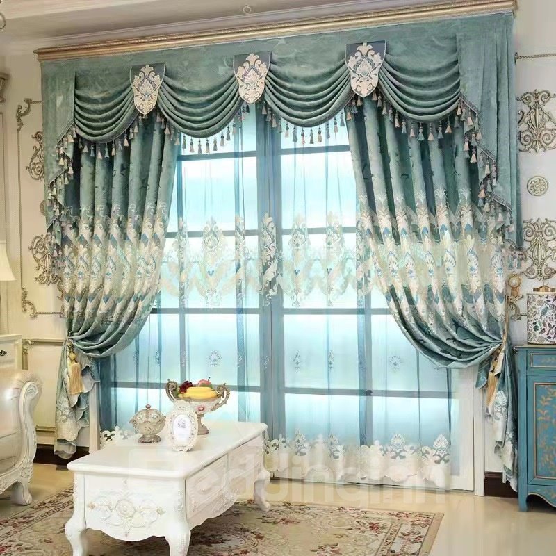 Classy European Mysterious Noble Gradual Lake Blue Embroidered Sheer Curtains - Image 8