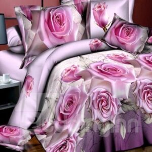 Noble Pink Rose 3D Printed 4-Piece Polyester Duvet Cover