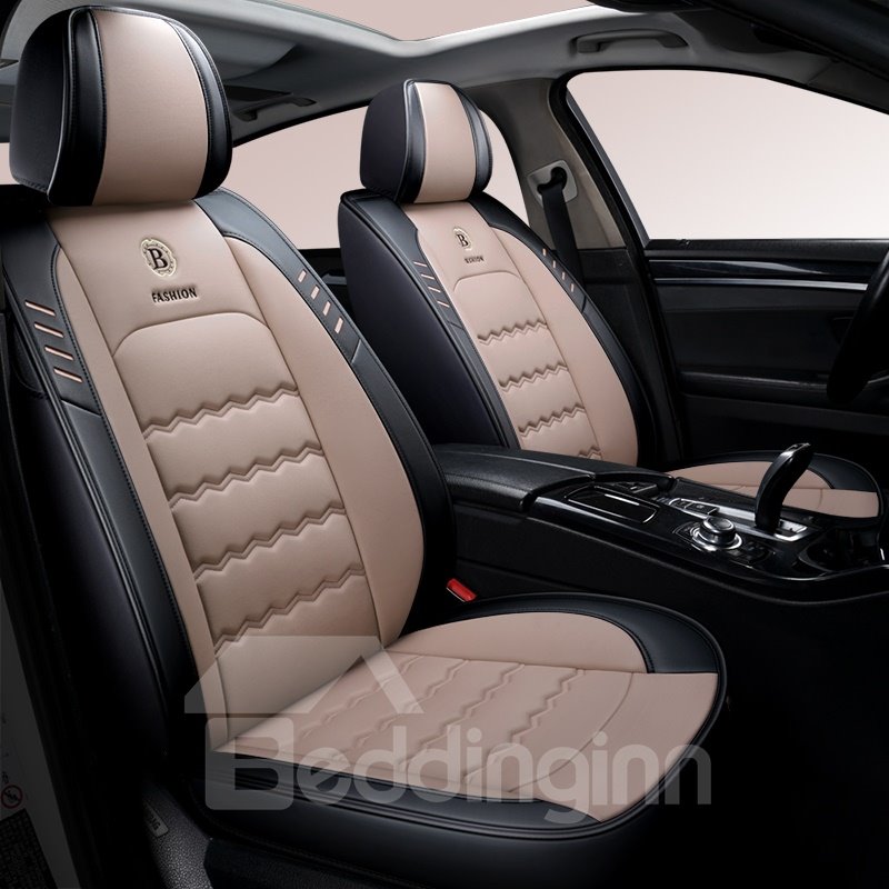 Pastoral Style 5 Seaters Front and Rear Split Bench Seat Protectors Wear Resistant Leather Material Letter B Pattern Soft Comfortable Universal Fit Seat Covers for Auto Truck Van SUV