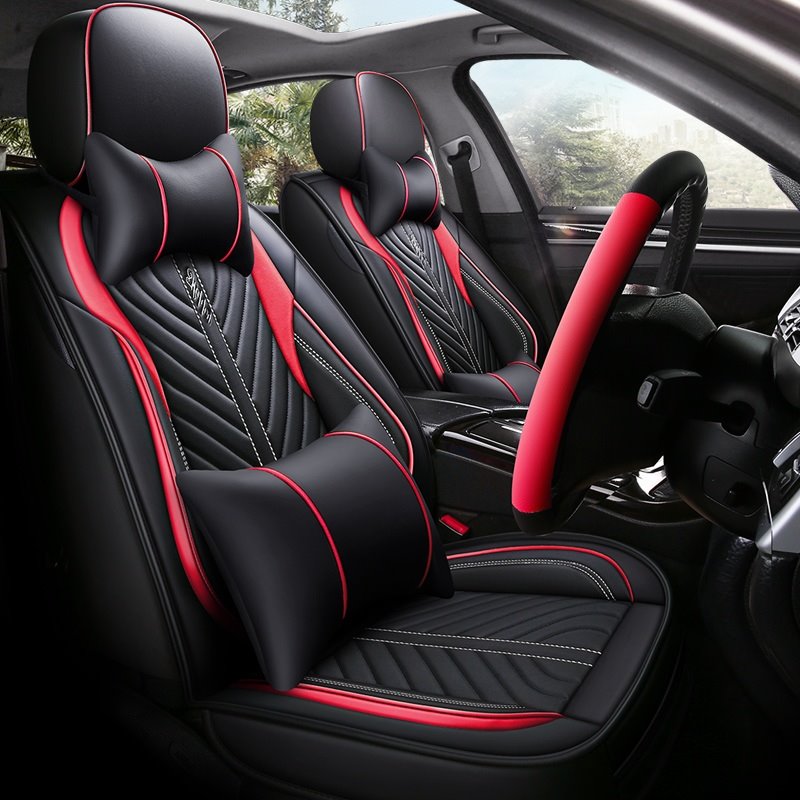 Breathable Wear-resistant PU Leather Wear-resisting Scratch No Peculiar Smell Fresh Breathable Not Stuffy Airbag Compatible 5-seater Universal Fit Seat Covers With Lumbar Pillow*2 Headrest Pillow*2 Steering Wheel Cover*1 Fit for SUV Sedan Truck - Image 2