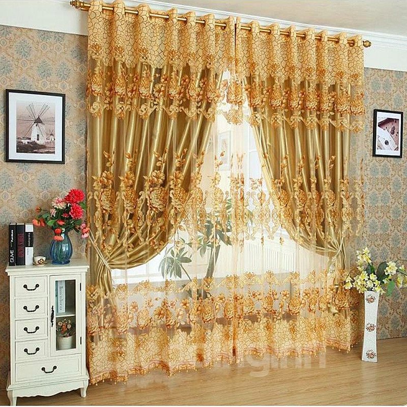 Luxury Golden Classical Style Embroidery Peony Custom Organza Sheer Curtain with Decorative Beads - Image 3