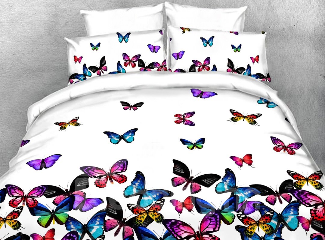 5-Piece Colorful Butterflies 3D Bedding Set/Comforter Set Machine Washable Soft Lightweight Warm White Bedding