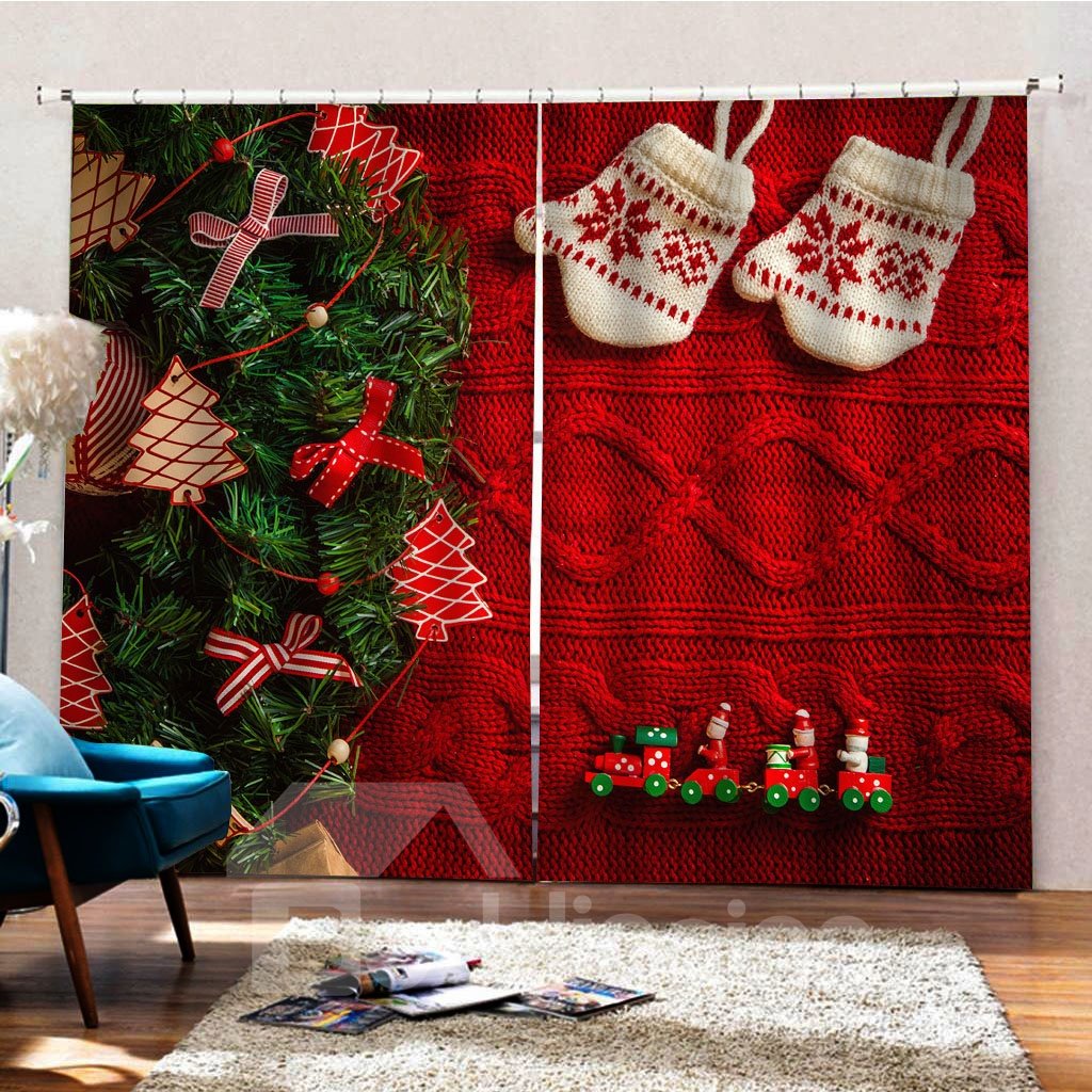 3D Christmas Theme Blackout and Dusty-Proof Classy Curtain with Red Gloves Pine Leaves - Image 7