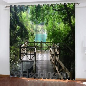 Green Eye-Protecting Blackout 3D Digital Print Decorative Curtain with Charming Landscape View Pattern 200/m2 Shading Polyester Environment-friendly and Eye-Protecting Drops
