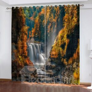 3D Waterfall Scenery Blackout and Heat-Proof Curtain Online 80W*84L inches Medium Polyester Shading Effect and Anti-ultraviolet Radiation Machine Wash Accepted