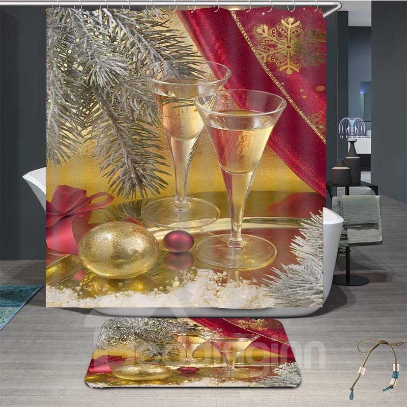 3D Festival Decoration Christmas Wine Glass Painted Water-proof Bathroom Shower Curtain - Image 2