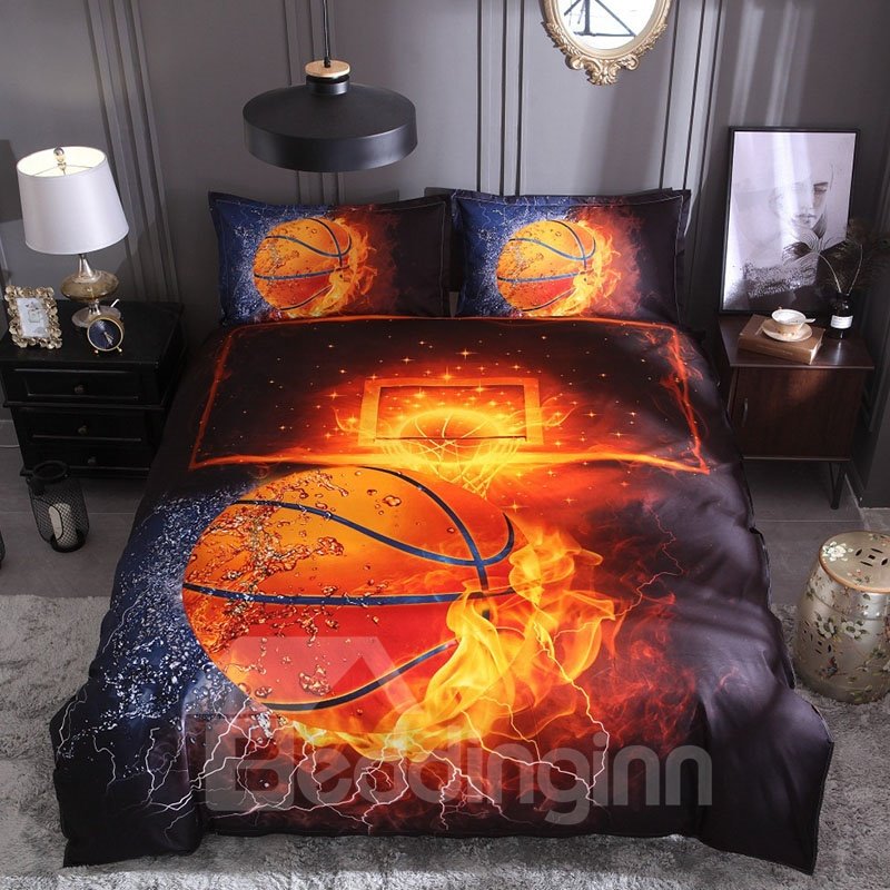 Water and Fire Basketball Digital Printing Polyester 3D 3-Piece Colorfast Endurable Skin-friendly All-Season Ultra-soft Microfiber Bedding Sets/Duvet Covers - Image 3