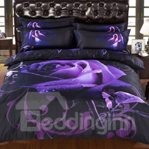 Romantic Purple Rose Bedding Polyester 3D Printed 4-Piece Bedding Set/ Duvet Cover Set