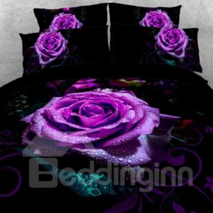 3D Purple Roses Bedding 4-Piece Duvet Cover Set Black Skin-friendly Microfiber