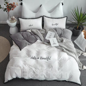 White Colour Simple Style Duvet Cover Embroider and Macrame Bedding 4-Piece Washable Bedding Sets/Duvet Cover