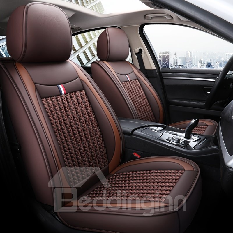 Unfading Hard-Wearing Leather And Flax Mixture Material Color Line Trimming 1 Front Seat Cover Suitable For Most Cars - Image 3