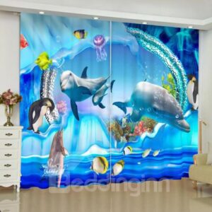 3D Sea World Print Navy Blackout Curtains for Living Room and Bedroom
