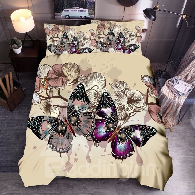 Butterflies 3D Printed Polyester 3-Piece Yellow Duvet Cover Set with 2 Pillowcases - Image 3