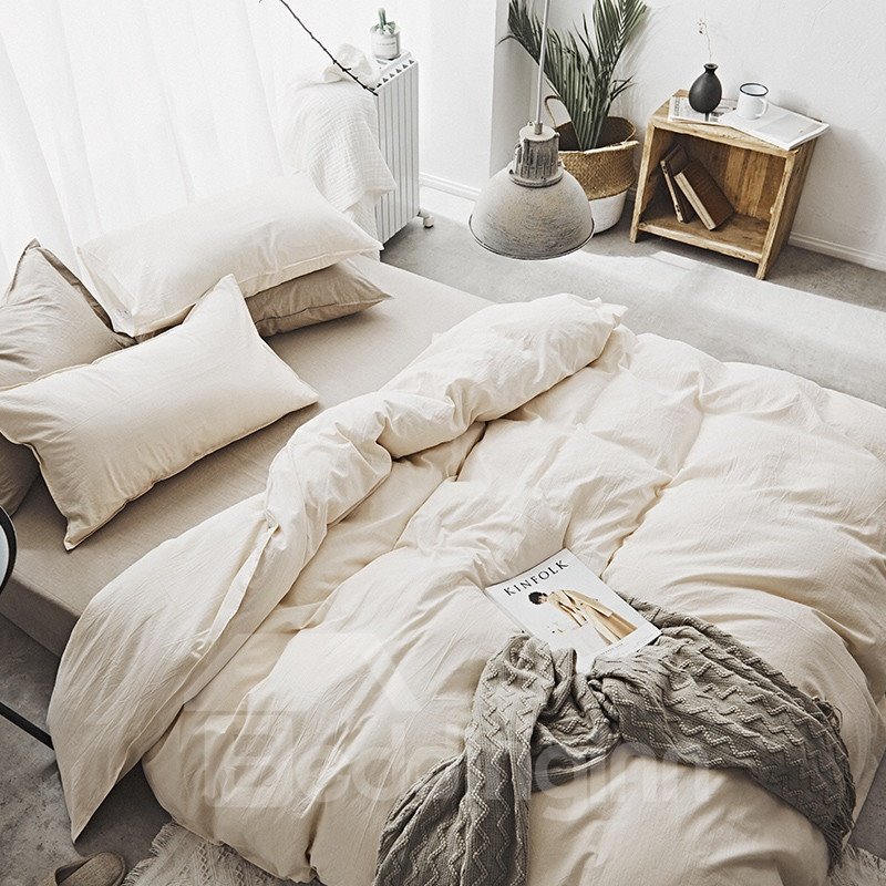 Solid Color Cotton Duver Cover Set Simple Style 4-Piece Soft Bedding Sets Full/Queen/King Size Fitted Sheet - Image 6