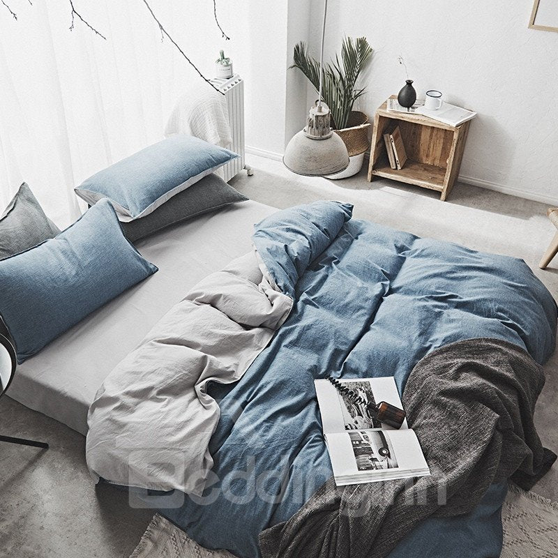 Solid Color Cotton Duver Cover Set Simple Style 4-Piece Soft Bedding Sets Full/Queen/King Size Fitted Sheet - Image 4
