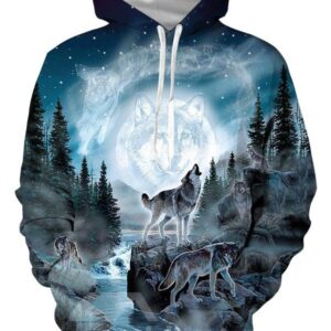 Soft Warm Realistic 3D Digital Print Pullover Hoodies Sweatshirt Sweaters with Moon and Wolf Pattern