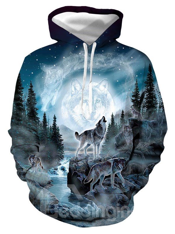 Soft Warm Realistic 3D Digital Print Pullover Hoodies Sweatshirt Sweaters with Moon and Wolf Pattern - Image 4